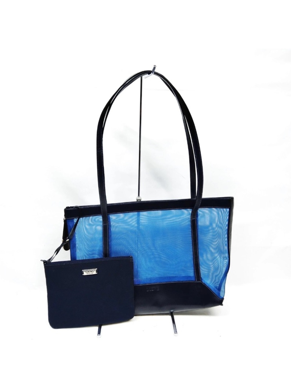 Loewe Blue Mesh Tote with Navy Trim and Detachable Pouch